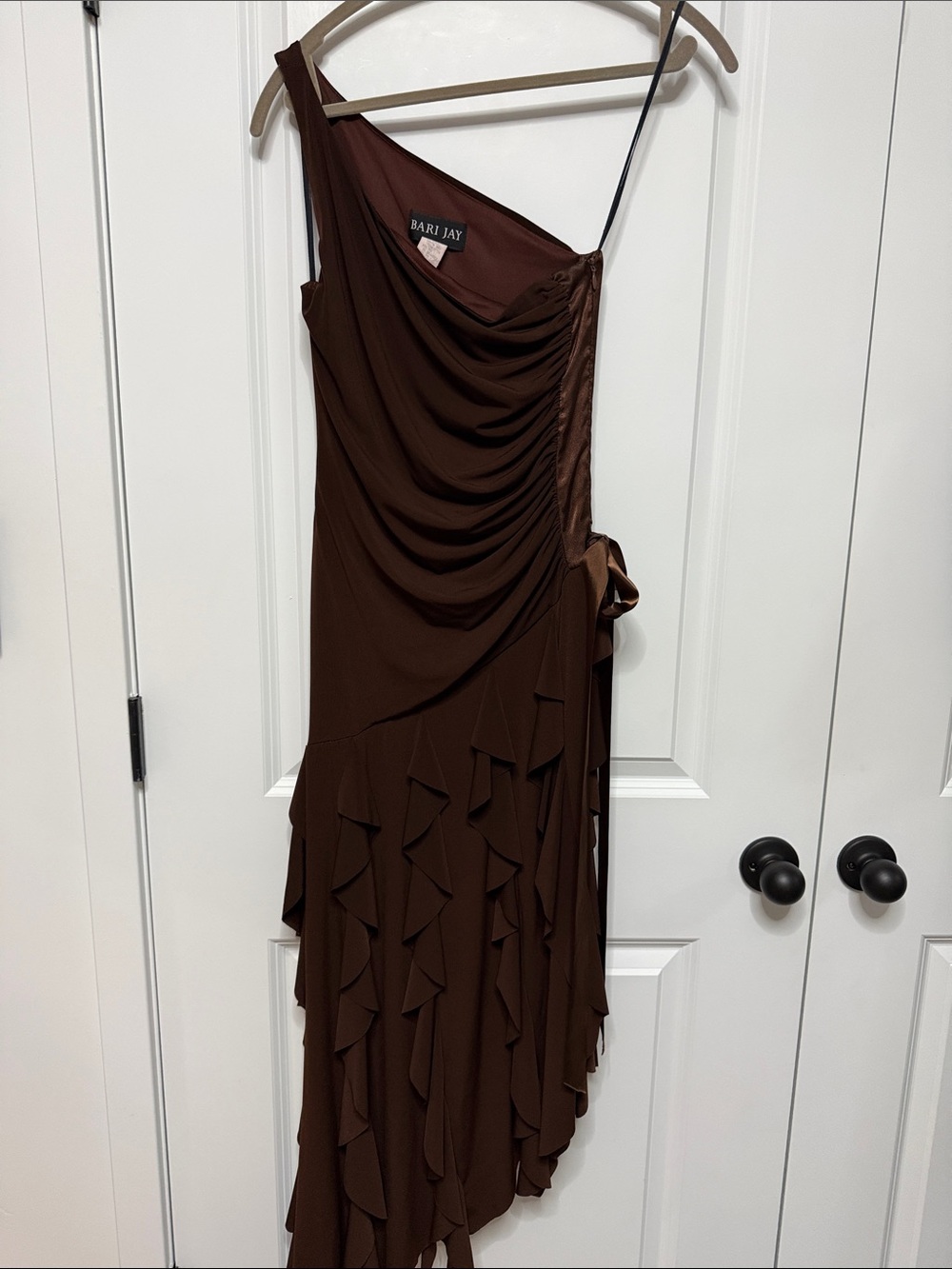 Bari Jay Brown One-Shoulder Ruffle Evening Dress